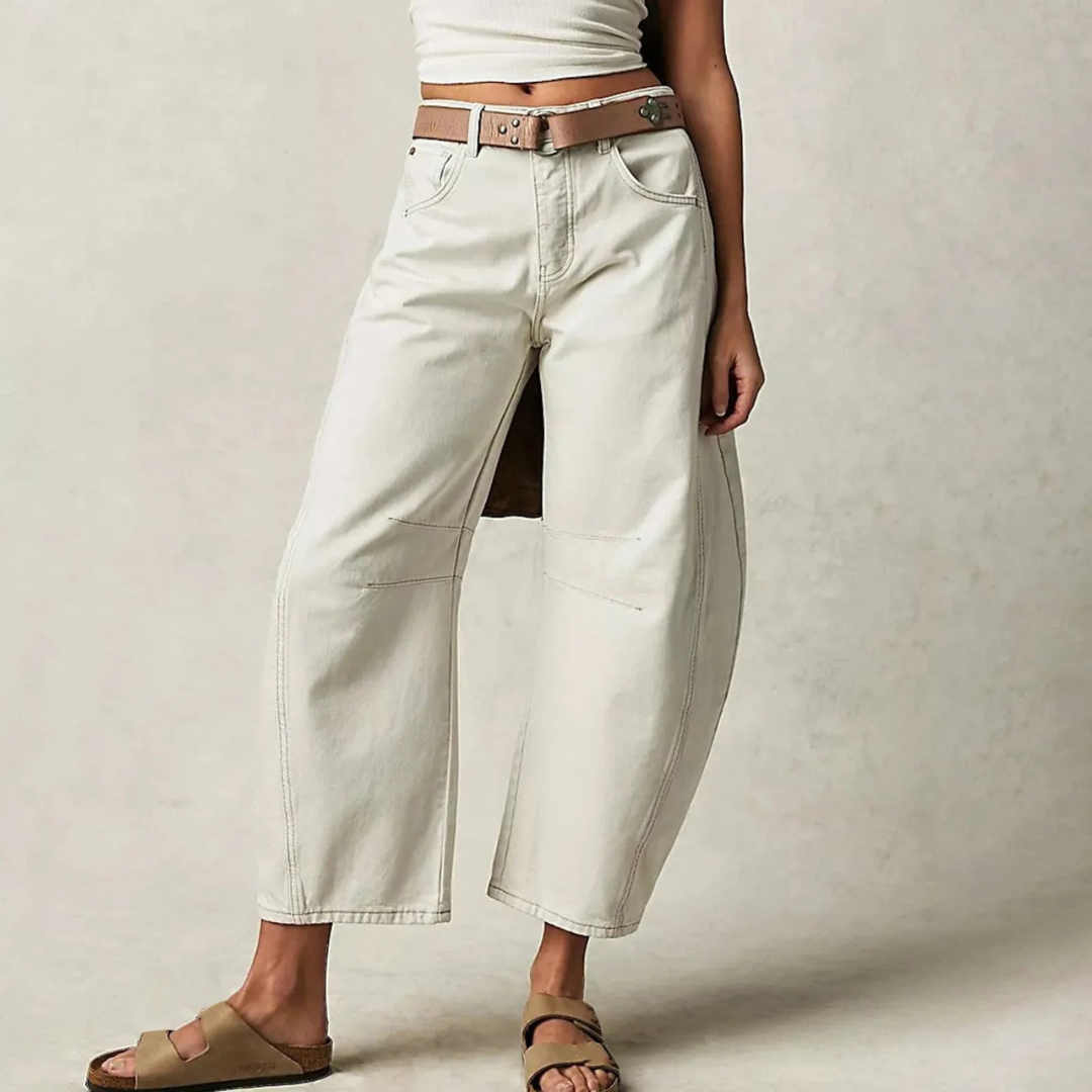 Women's high waist barrel leg jeans relaxed fit light acid-wash denim sculptural silhouette