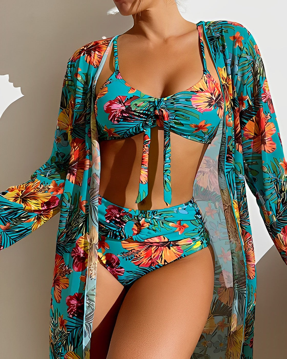 Tropical print bikini set with matching cover-up in vibrant floral pattern, flattering island-style cut