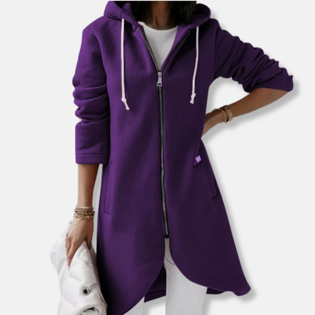 Women's long knit hooded cardigan full-zip relaxed fit with asymmetrical hem for casual elegance