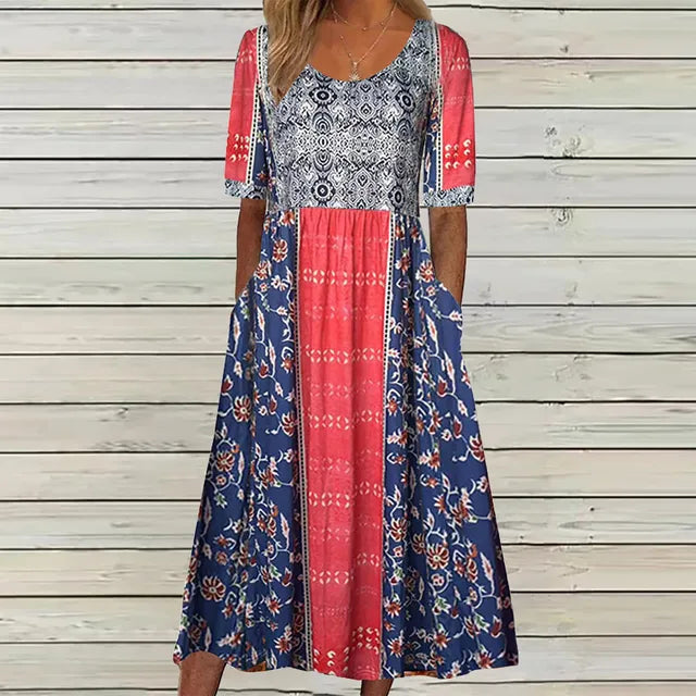 Boho print midi dress with round neckline, relaxed flowing silhouette and artistic pattern