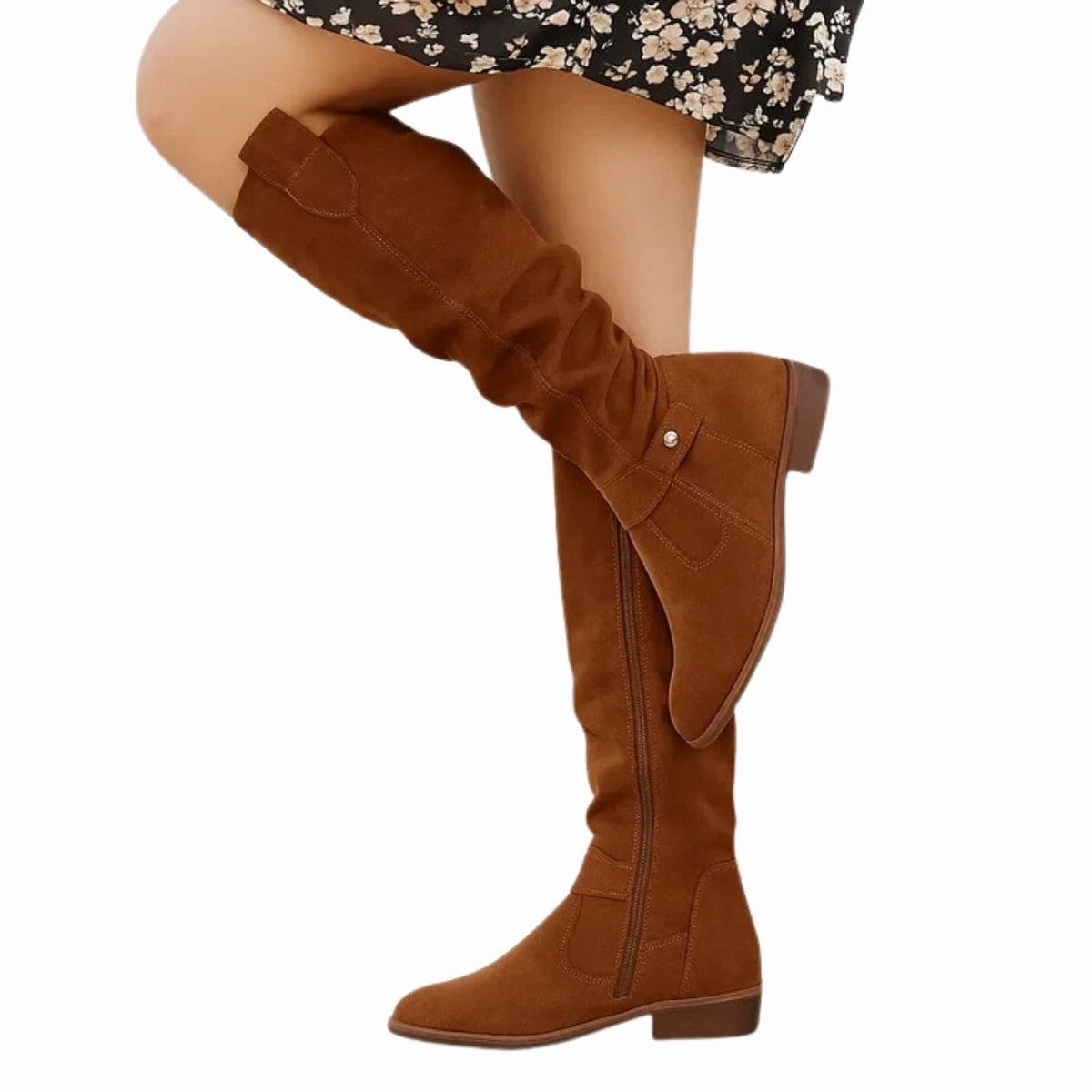 Women's knee high boots in soft suede and leather with side zip, refined fall winter style