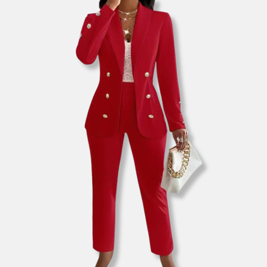 Women's slim fit double-breasted blazer and straight leg trousers set with shawl collar, business formal