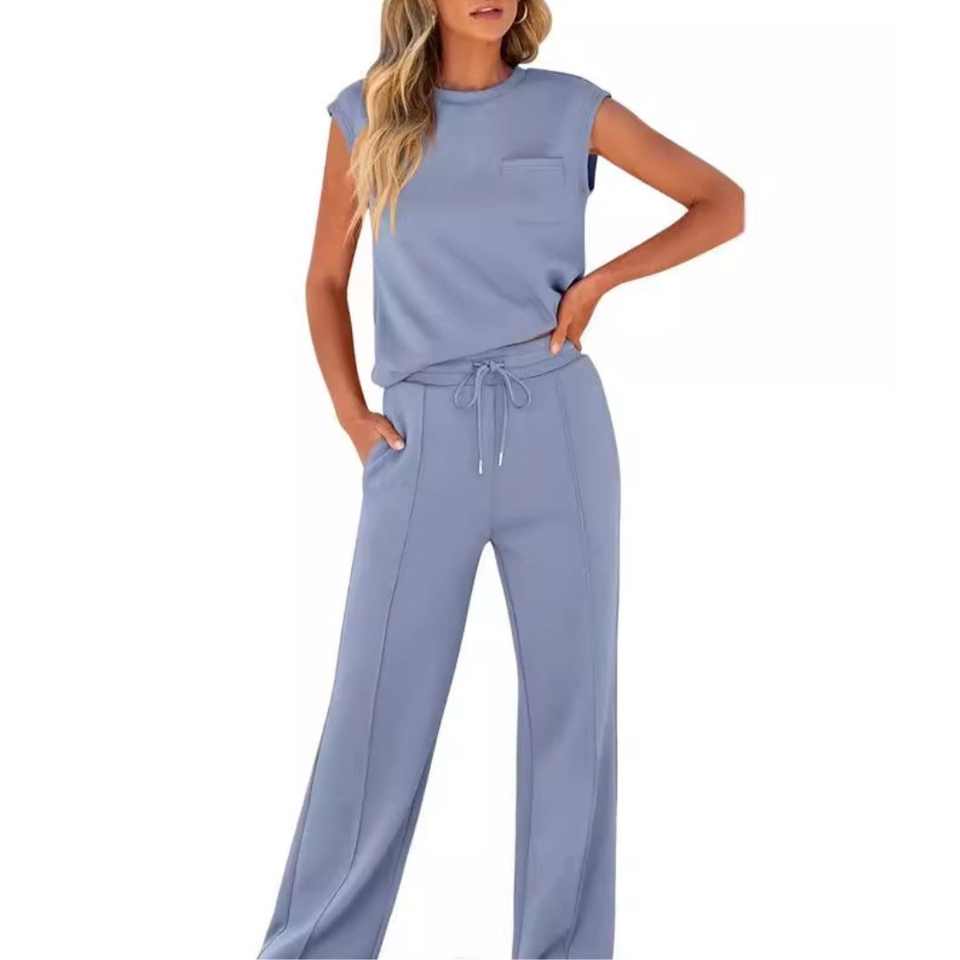 Women's soft lounge co-ord set casual summer matching top and wide-leg pants relaxed drape fit