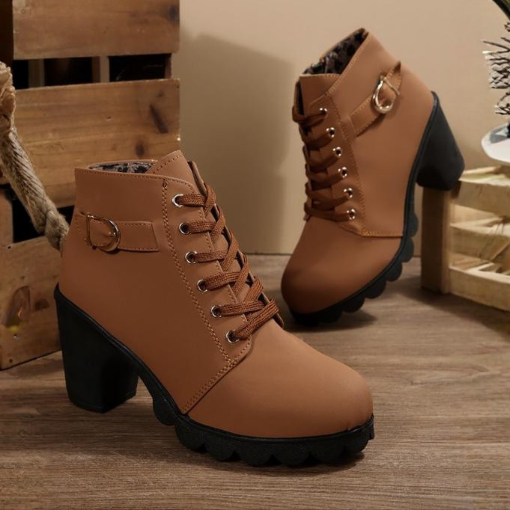 Black lace-up chunky ankle boots with sturdy sole and bold chic silhouette for women