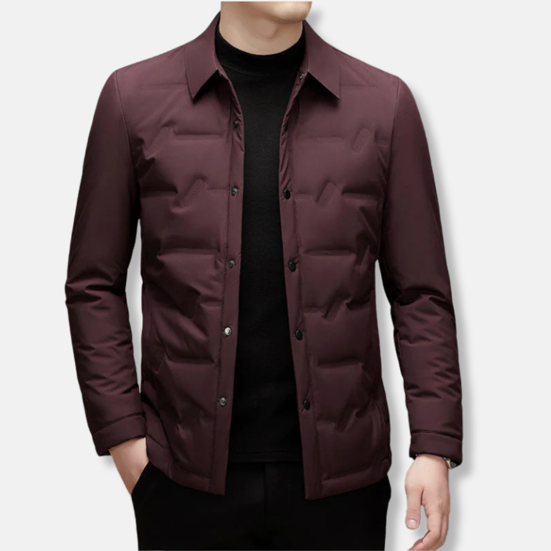 Men's slim fit quilted down jacket waist length button front water resistant navy blue