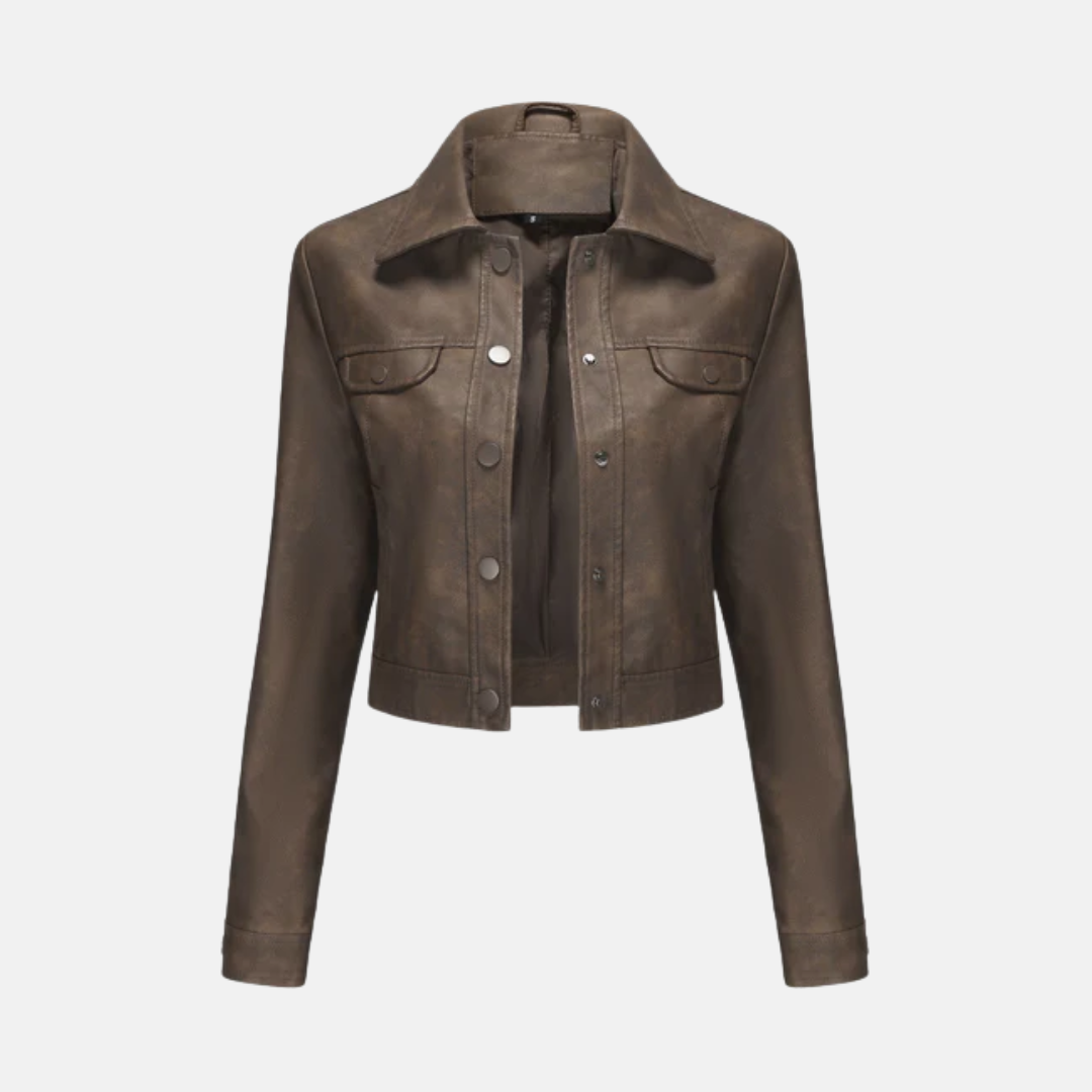 Women's cropped structured jacket with woven texture, snap front closure, and classic point collar