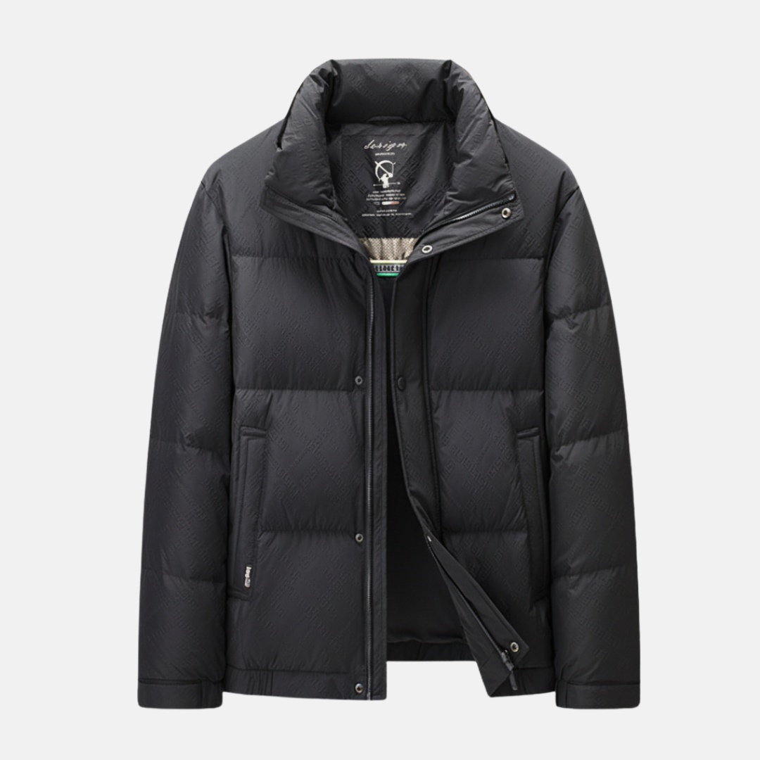 Men's quilted down jacket high collar snap closure regular fit insulated winter coat