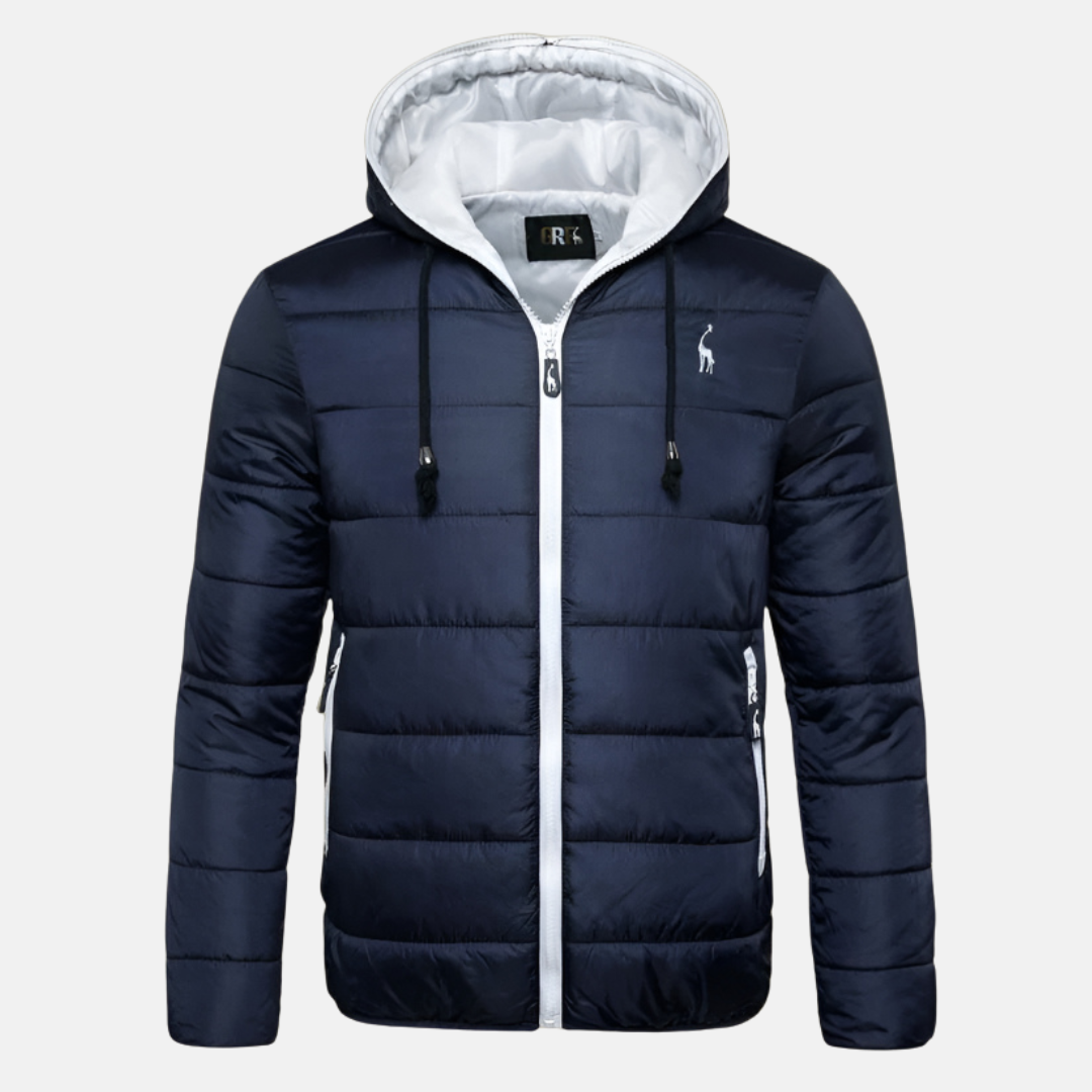 Men's navy quilted down jacket hooded regular fit with water-resistant finish and zipper pockets