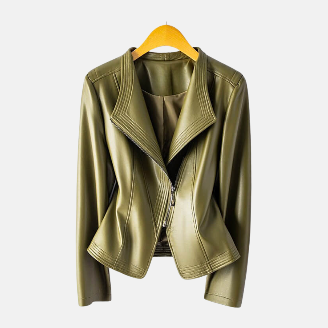 Women's black cropped faux leather jacket with stand collar and asymmetrical zipper closure