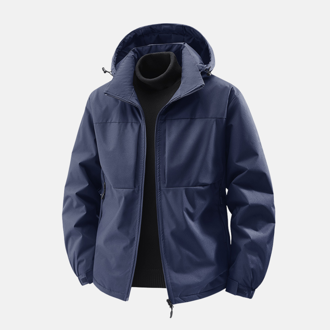 Men's water-resistant windproof hooded jacket relaxed fit with front pockets for outdoor adventures