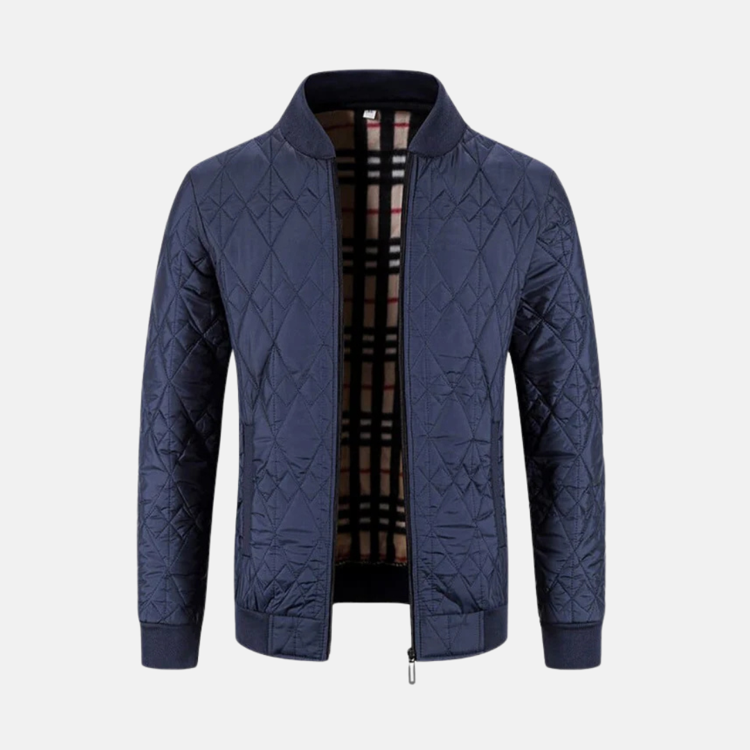 Men's diamond quilted bomber jacket full zip ribbed collar smart casual polyester shell dark color