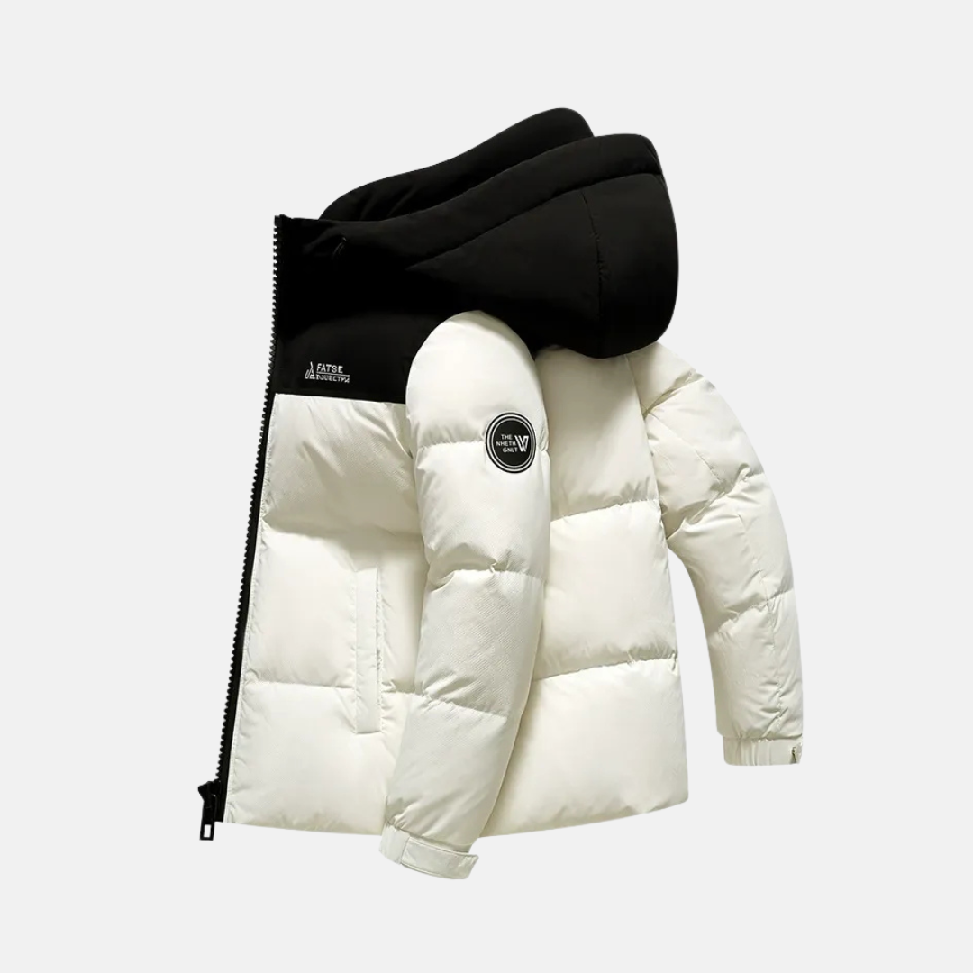 Men's relaxed fit insulated puffer jacket with hood and full-zip front for layered warmth