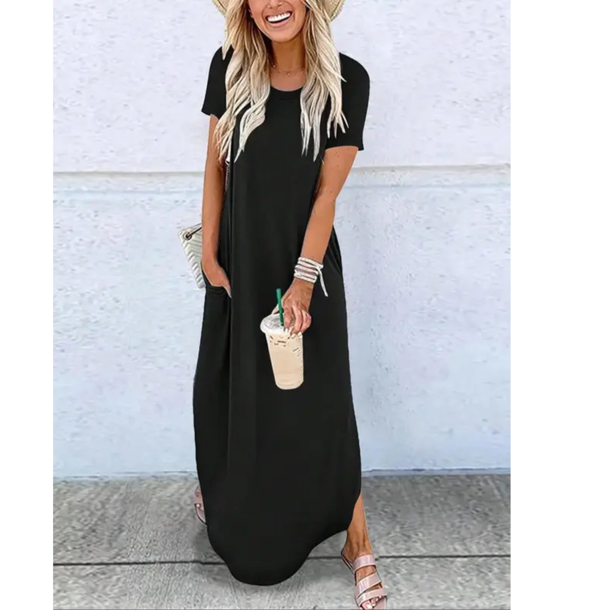 Casual summer maxi dress with round neckline, relaxed fit, lightweight breezy fabric for warm days