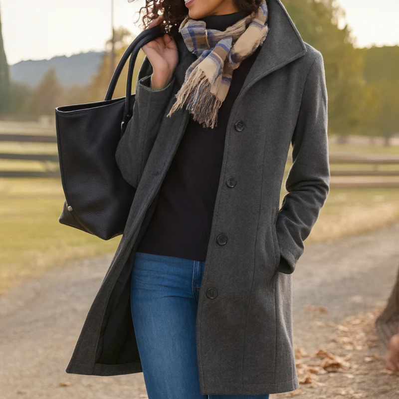 Aubrey classic women's coat straight cut button-front closure timeless elegant silhouette