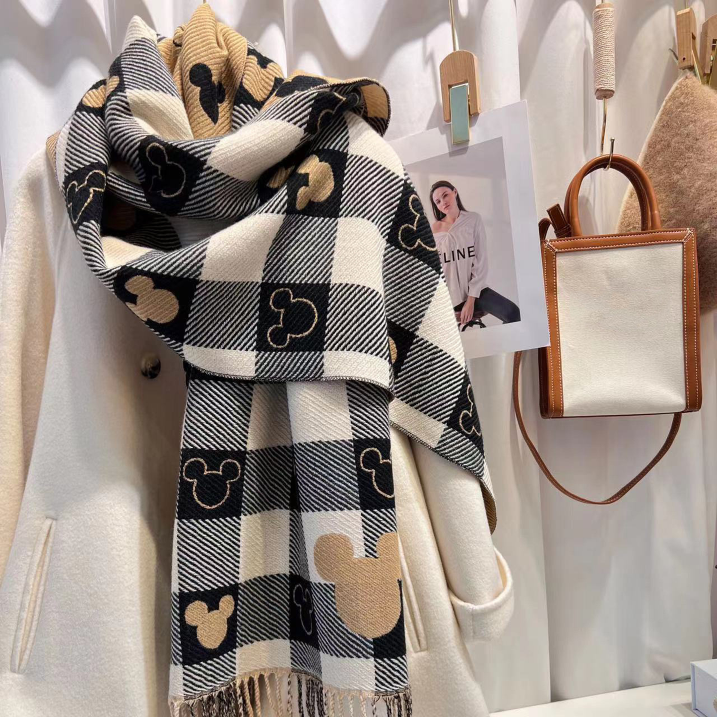 Cozy reversible plaid scarf with fringe tassels in warm tones, double-sided cold-weather accessory