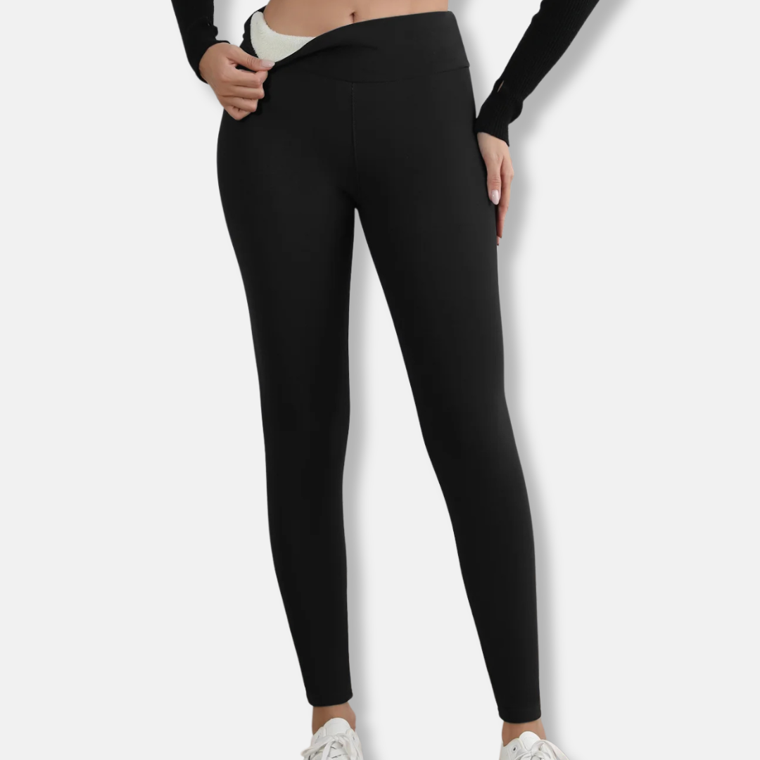 Women's black high-waist full-length leggings with plush lining and body-hugging fit