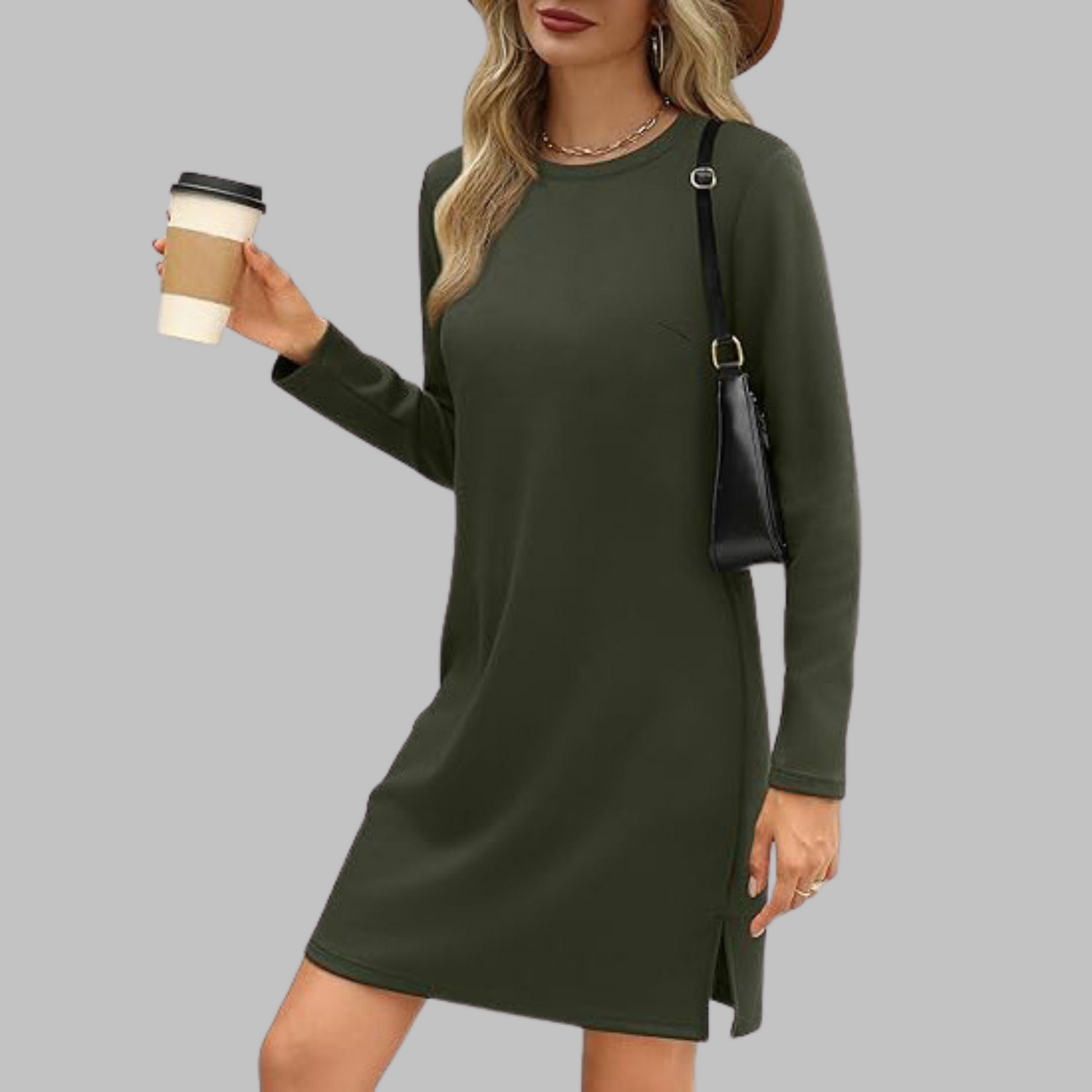 Alayah slim fit long sleeve round neck dress with tummy coverage for everyday casual style