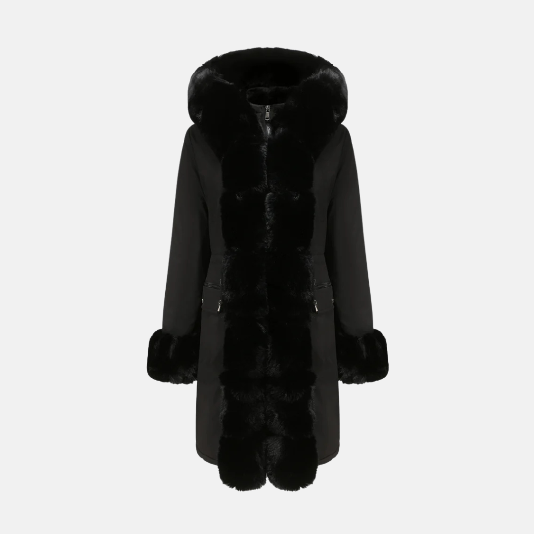 Women's full-length wool blend coat with faux fur trimmed hood and cuffs, regular fit winter outerwear