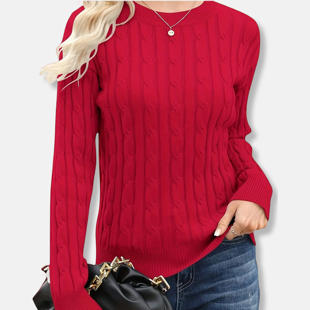 Women's ivory cable knit crew neck sweater, fine gauge wool-blend, relaxed hip-length long sleeve