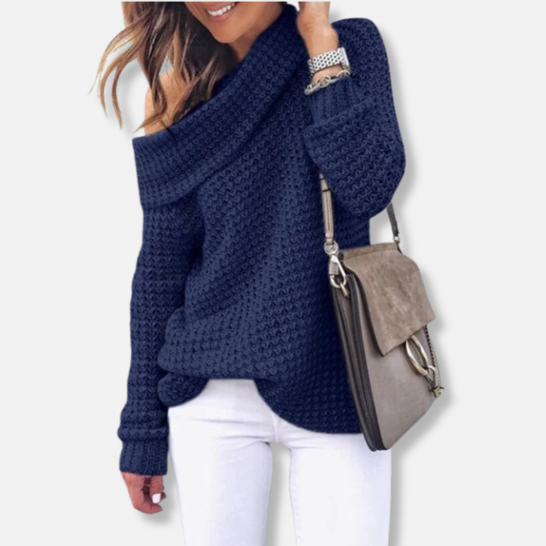 Women's oversized cream knit sweater with elegant off-shoulder draped neckline