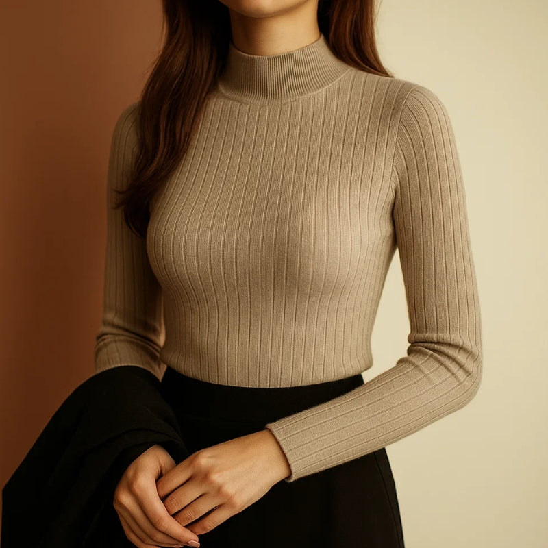 Vera Mont fine rib-knit sweater in neutral tone, slim fitted silhouette with half-high neckline