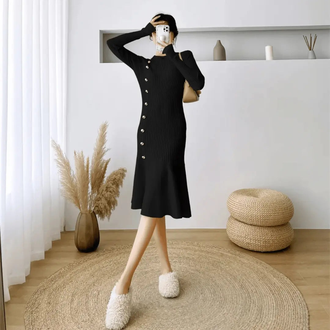 Luna elegant knitted dress in neutral tone, slim silhouette with luxurious soft knit blend fabric