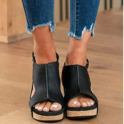 Women's open-toe wedge sandals with adjustable strap, cork sole, decorative studs, summer casual style