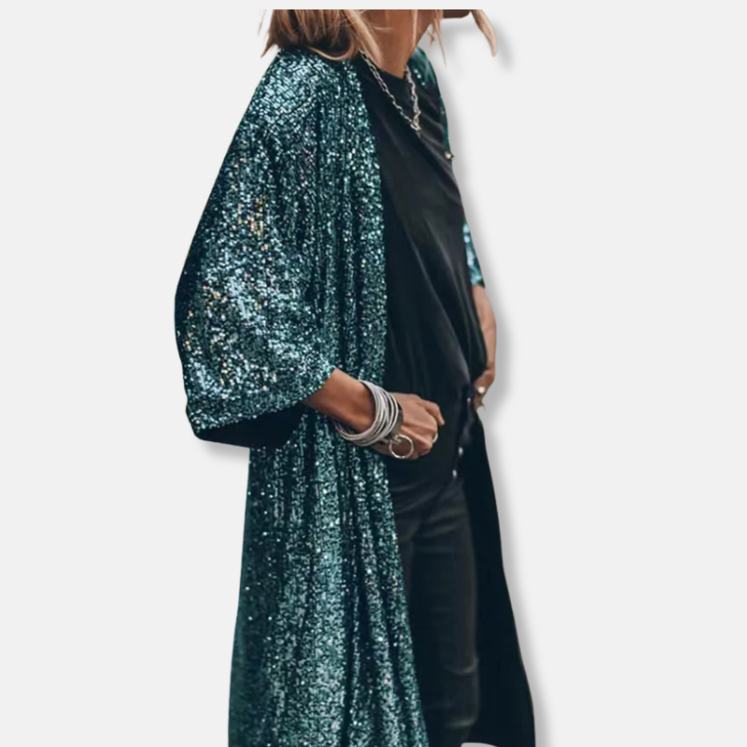 Women's sequin duster cardigan loose fit open front three-quarter sleeve sparkle gold shimmer