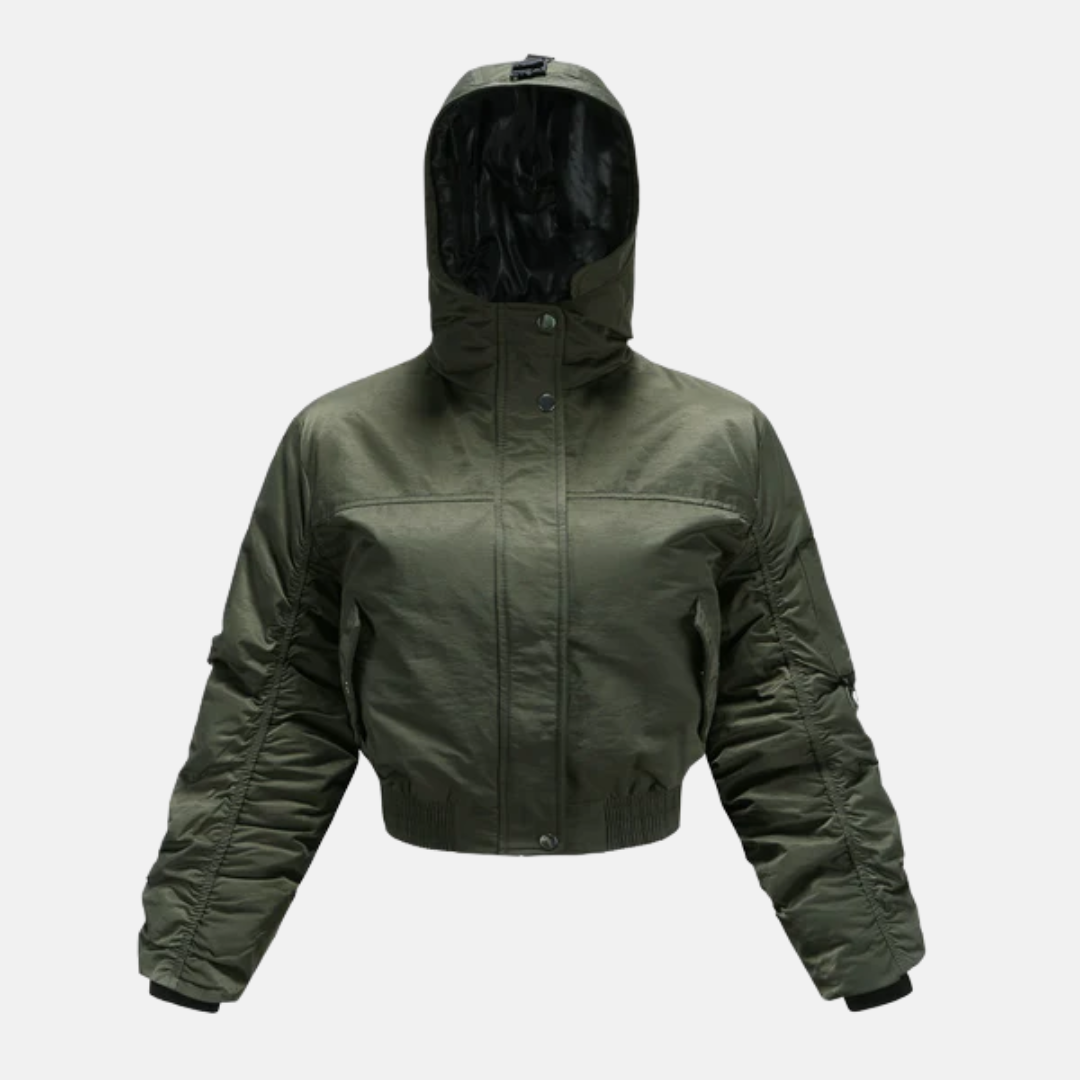 Women's cropped padded coat with hood and ribbed cuffs, modern puffer style with sleeve pocket