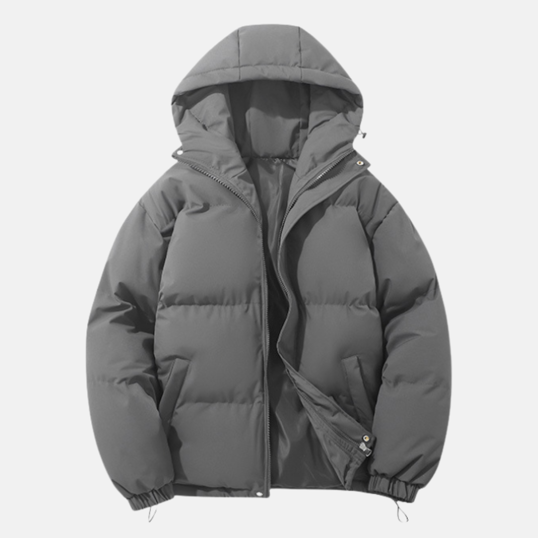 Men's black padded hooded puffer coat relaxed quilted silhouette with elastic hem winter outerwear