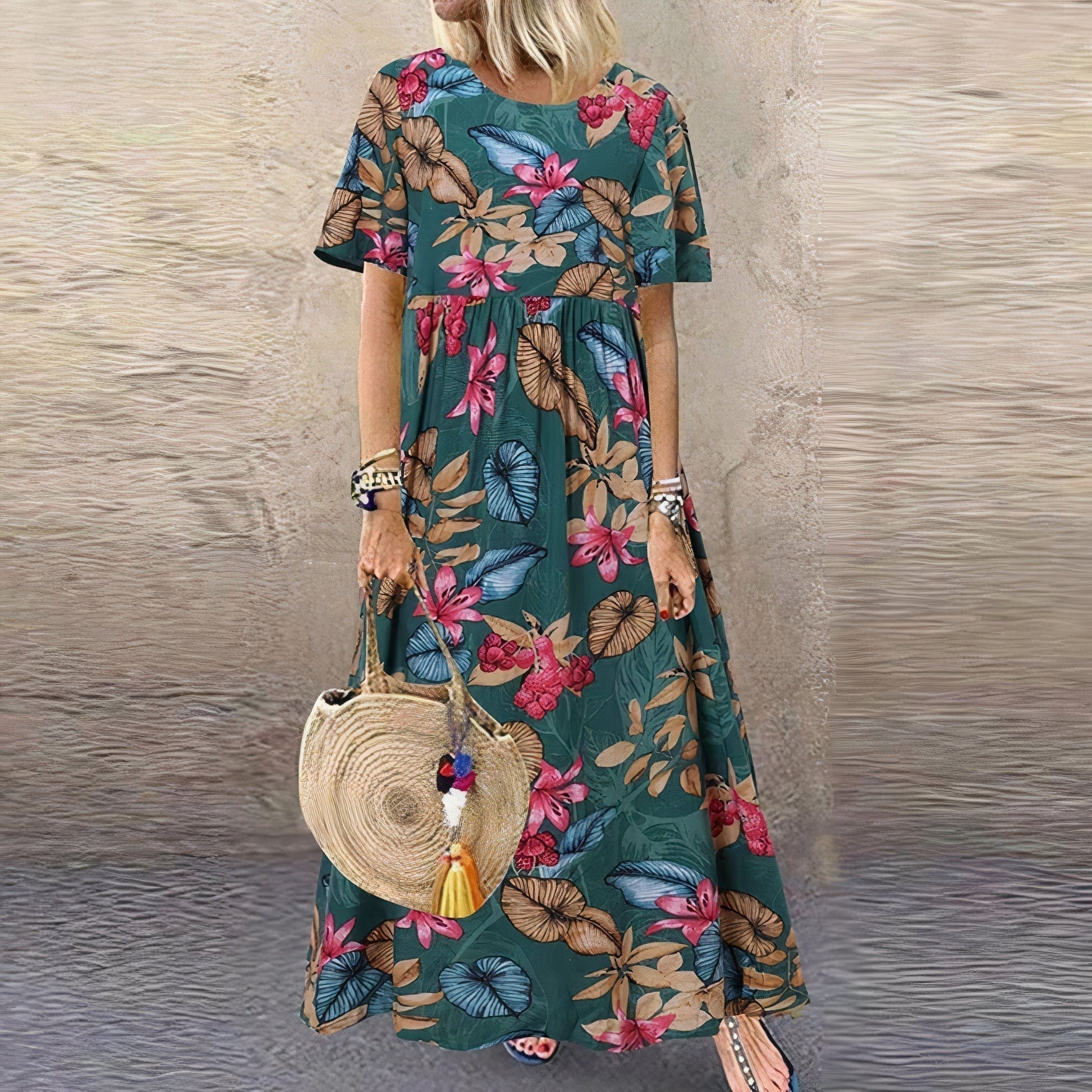 Women's vibrant floral lace maxi dress with flowy draped silhouette in multicolor botanical print