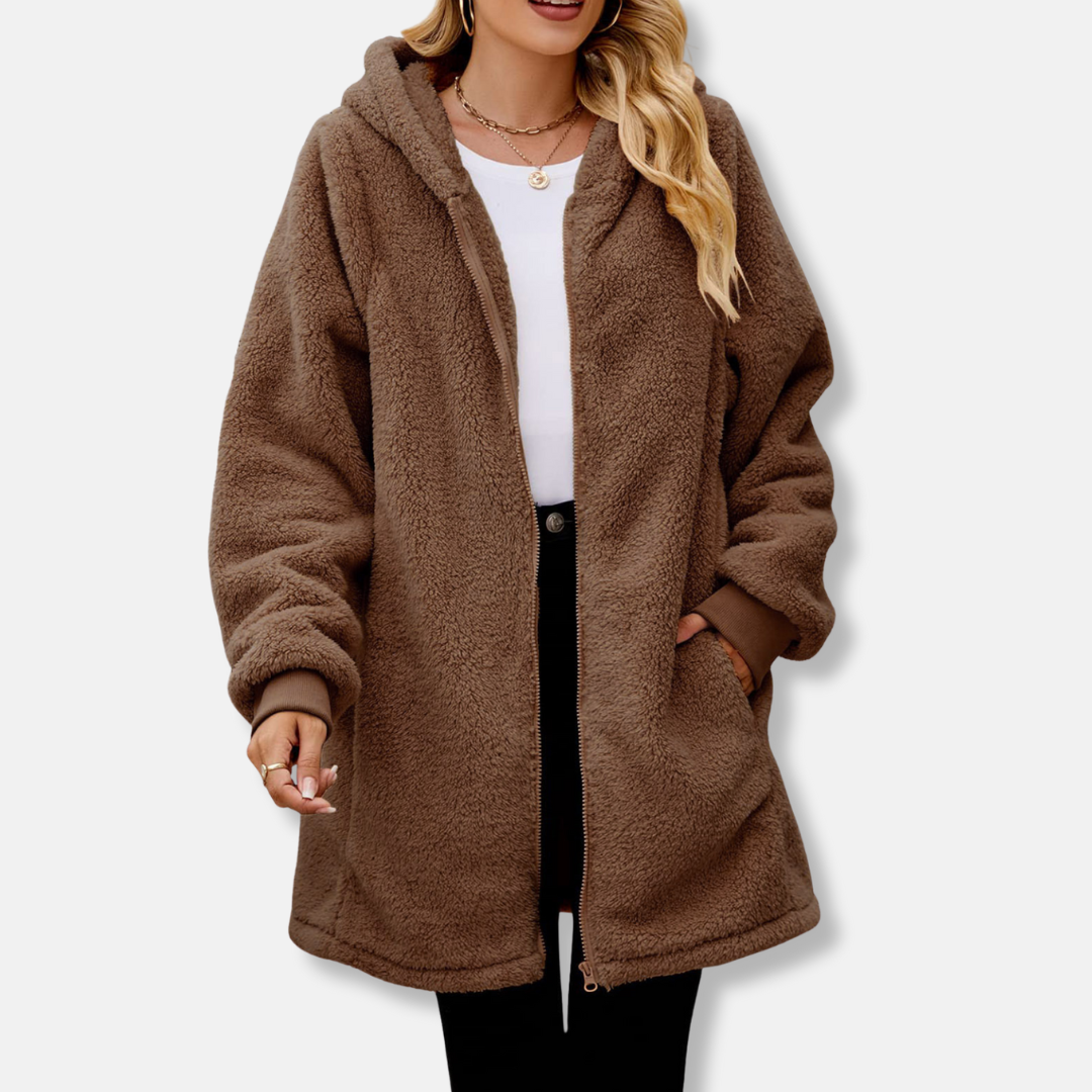 Women's plush oversized hooded zip-up jacket with cozy fit and front pockets for fall warmth