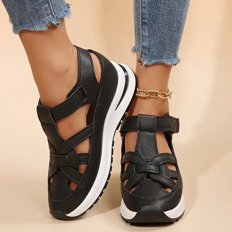 Aveta comfort sandals with covered toe, wrap-over front strap, lifted comfort support, and soft-grip footbed