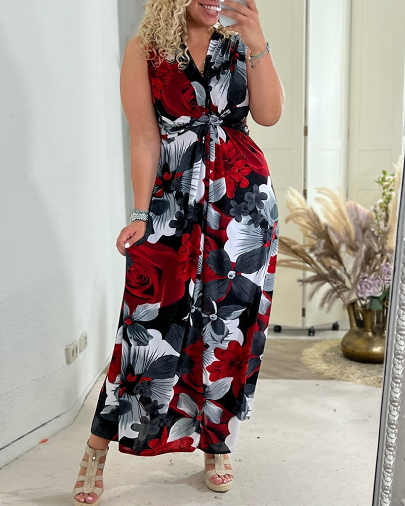 Women's purple black floral maxi dress sleeveless V-neck with cinched tie-front waist