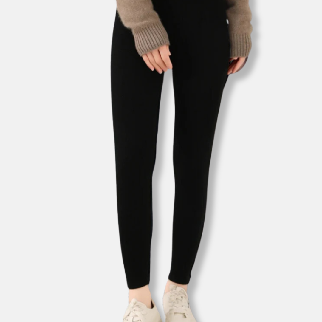Women's slim fit full-length knit stretch leggings with ribbed waistband for secure comfort