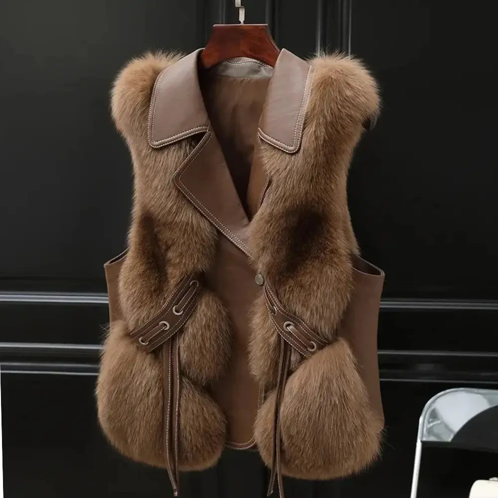 Ivory sleeveless faux fur-trimmed vest with bold oversized lapel and adjustable waist ties