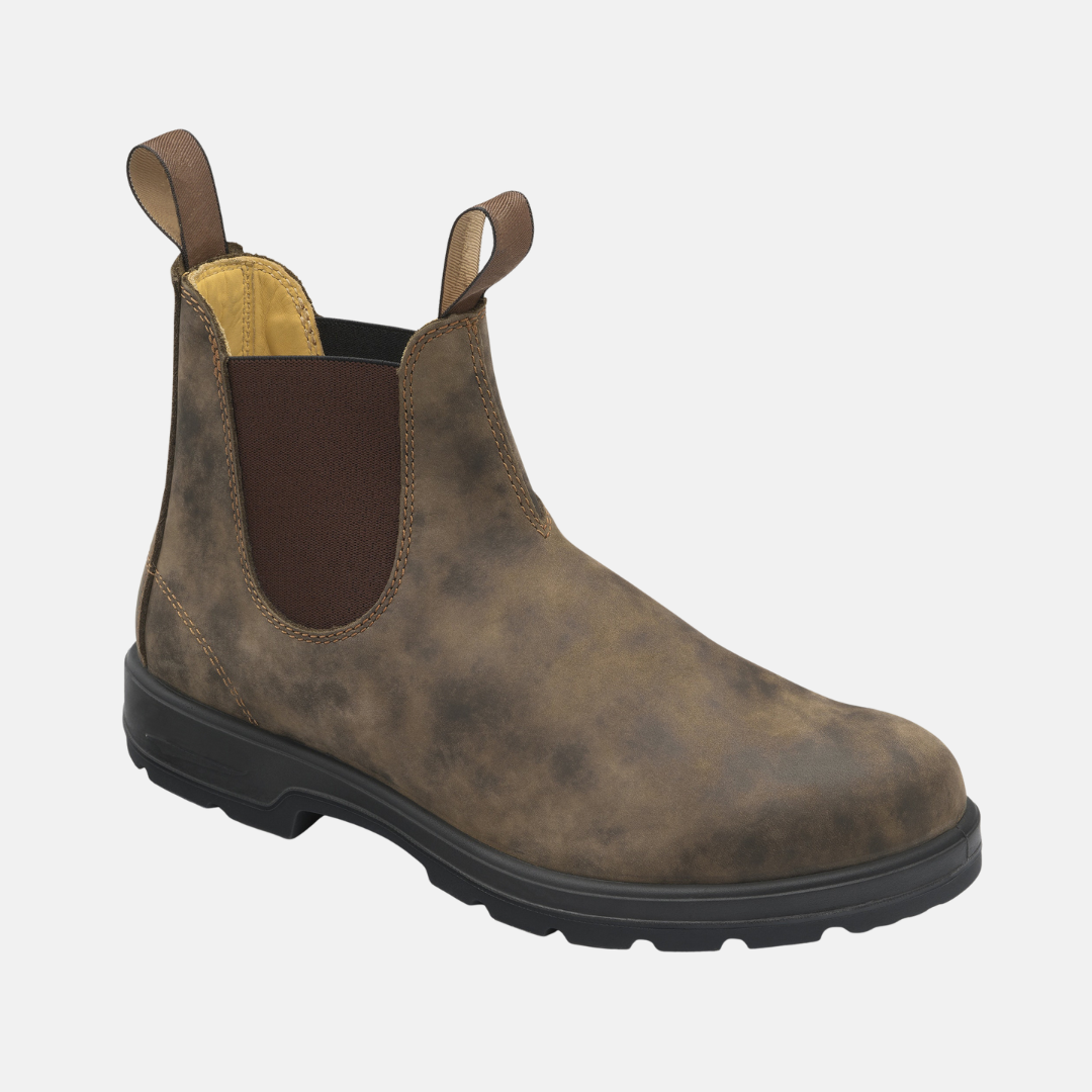 Men's brown leather Chelsea ankle boots with elastic side gussets, pull-on silhouette for work or casual