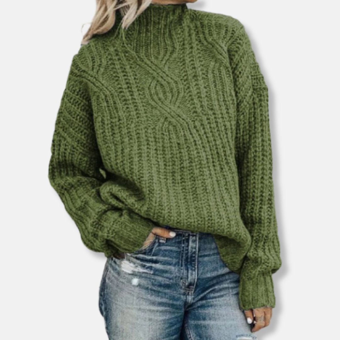 Women's cream wool cable knit pullover sweater, relaxed fit with cozy high neck and textured pattern