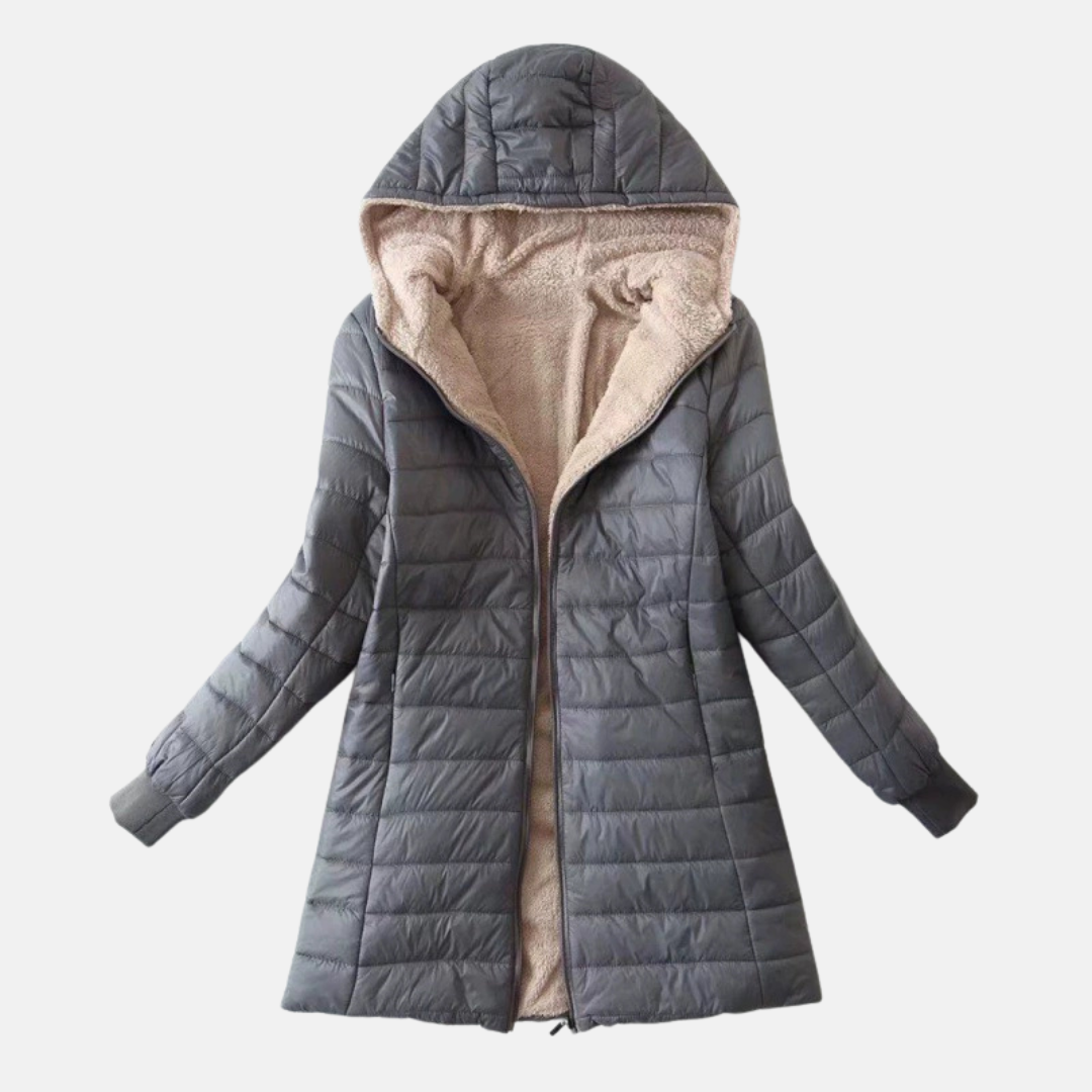 Women's hooded mid-length puffer coat quilted exterior plush lining warm everyday polished silhouette