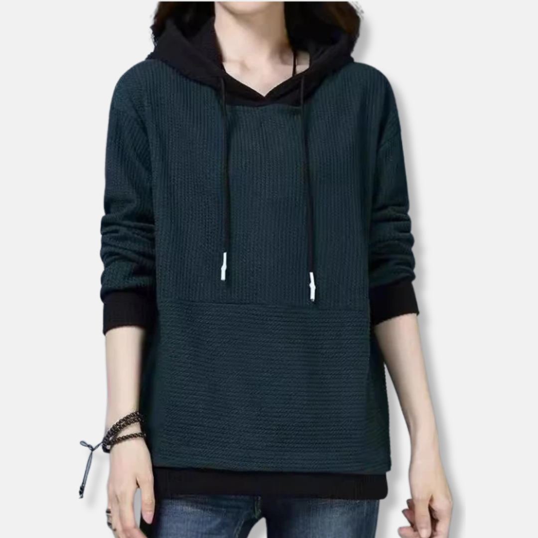 Women's gray knit hooded sweatshirt loose fit tunic length with adjustable drawstring hood