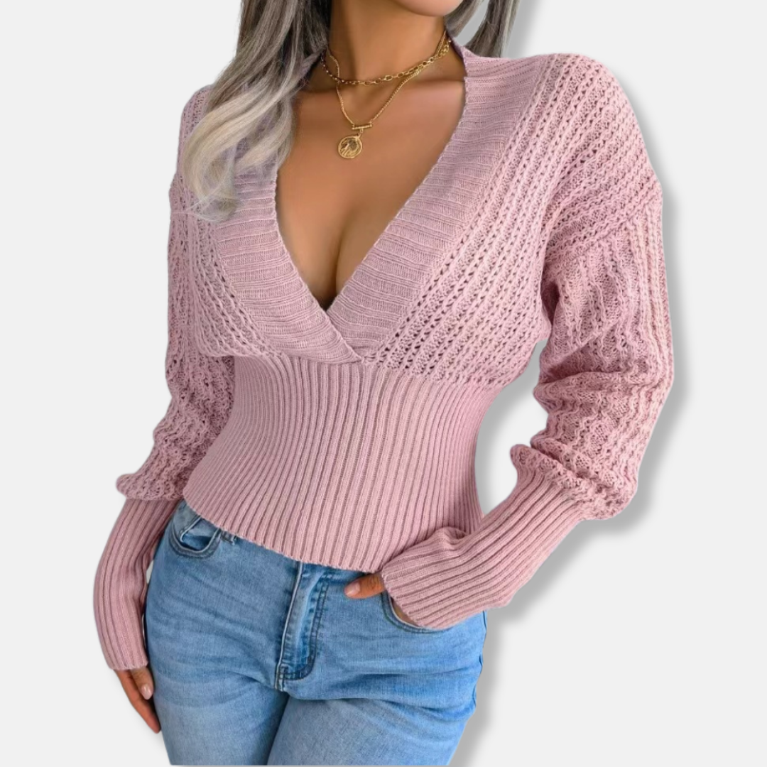 Women's slim fit deep V-neck knitted top with ribbed waist and open knit sleeves