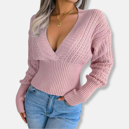 Women's slim fit deep V-neck knitted top with ribbed waist and open knit sleeves