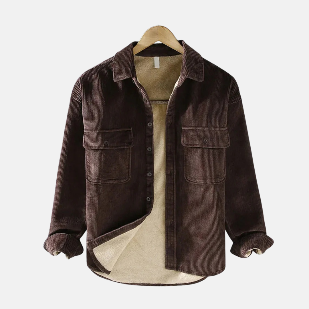 Men's brown corduroy relaxed fit jacket with button front and dual chest pockets for casual wear