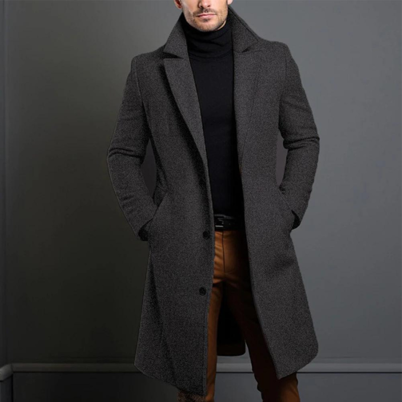 Men's camel wool knee-length overcoat tailored fit with classic lapel for timeless elegance