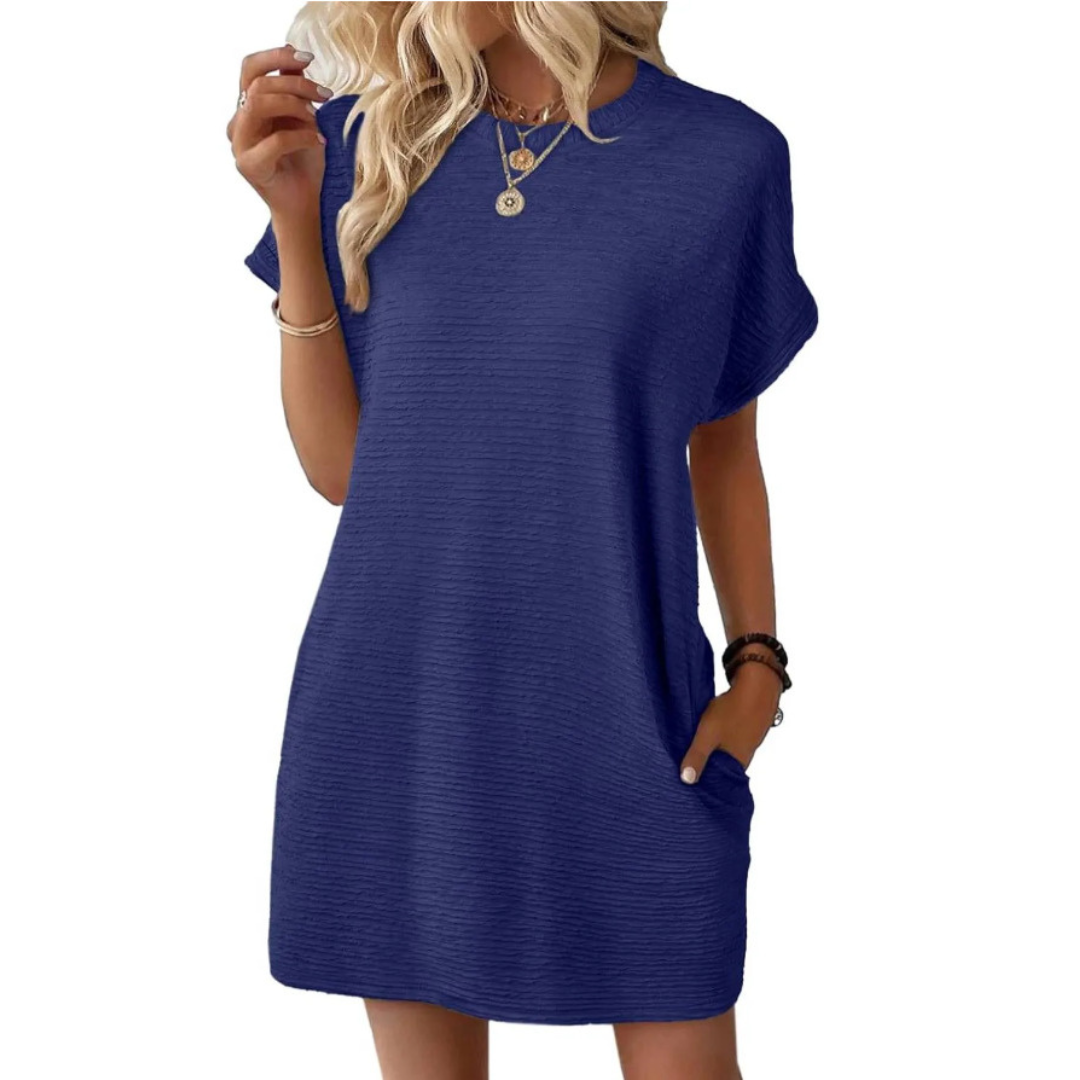 Hot pink ribbed mini dress women crew neck short sleeve T-shirt silhouette relaxed fit