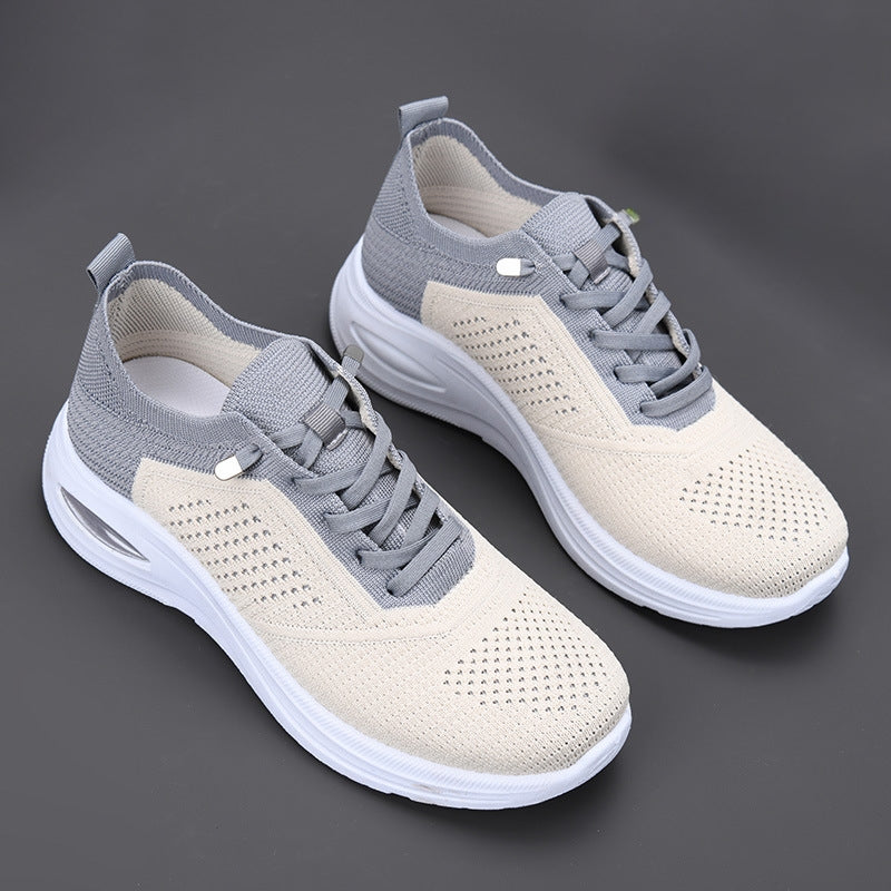 Women's white mesh lace-up walking sneakers with air cushion sole for all-day comfort