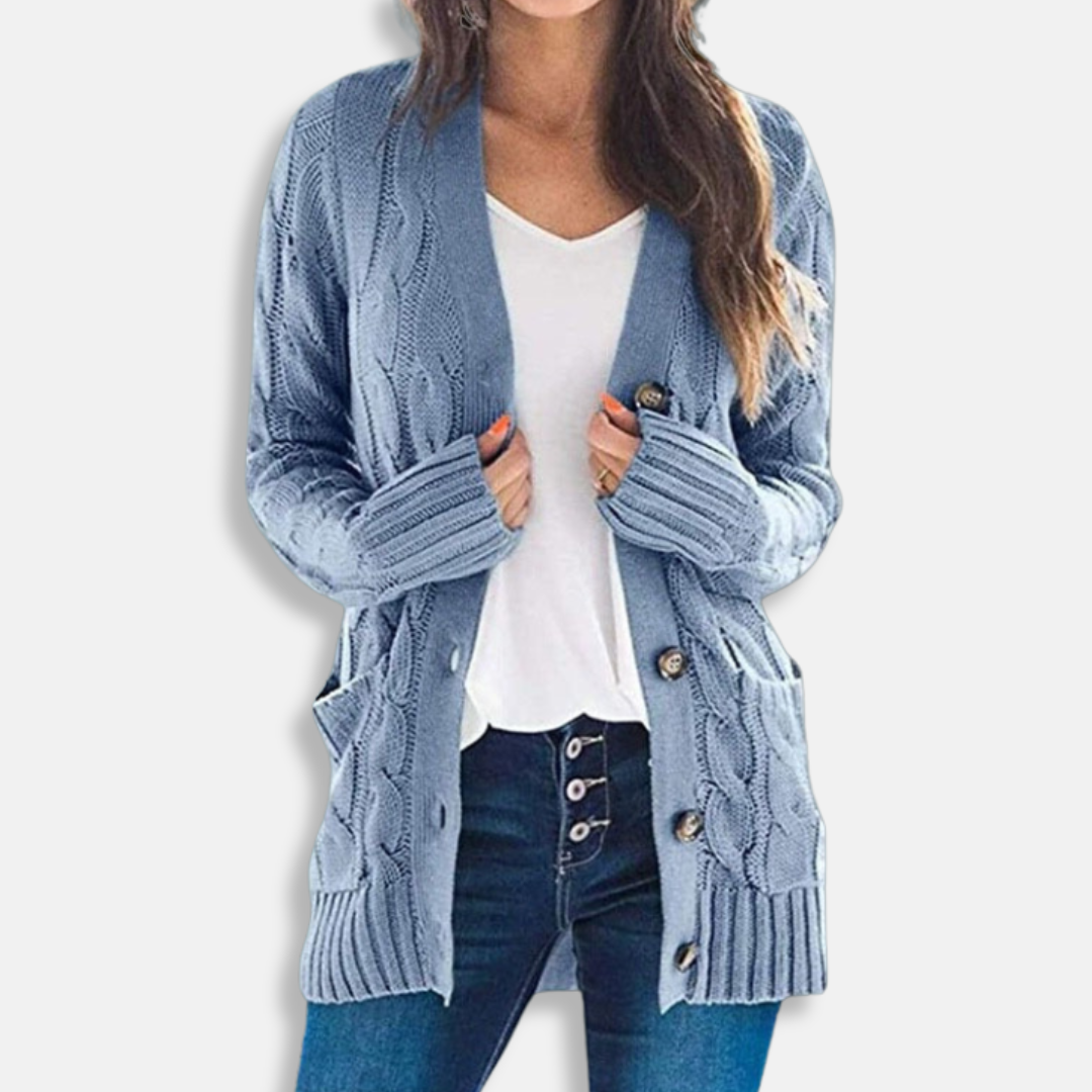 Wavlynn women's chunky cable knit cardigan sweater relaxed fit with button front and patch pockets