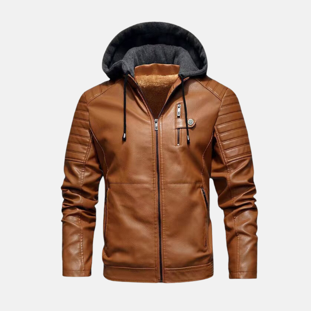 Men's slim-fit black PU leather hoodie jacket with quilted shoulders and plush-lined interior