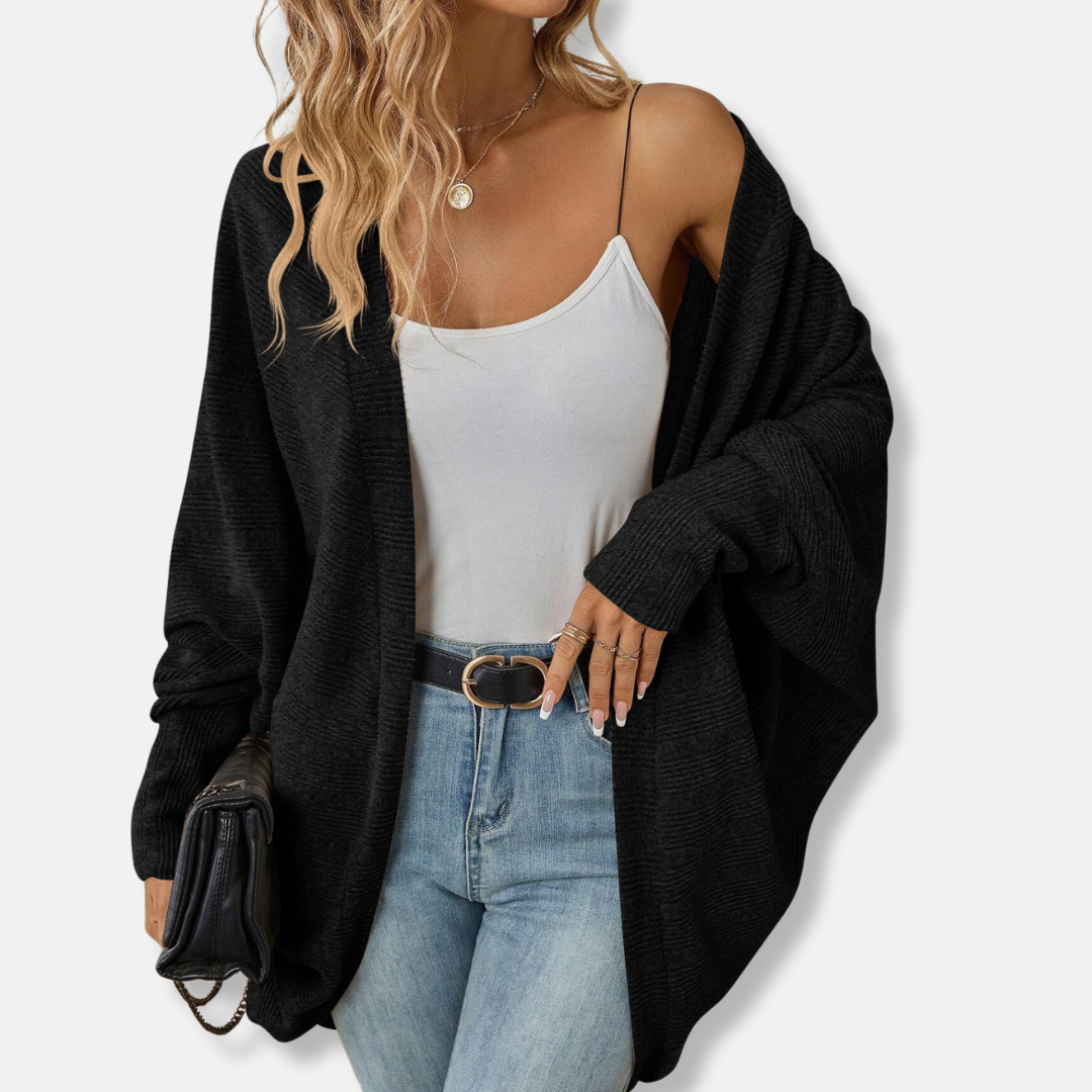 Women's loose fit ribbed knit cardigan with batwing sleeves and open front for effortless layering