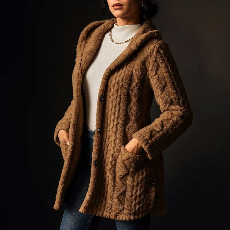 Via Nova jacquard plush coat with hood and button front, relaxed fit layering piece for cold weather